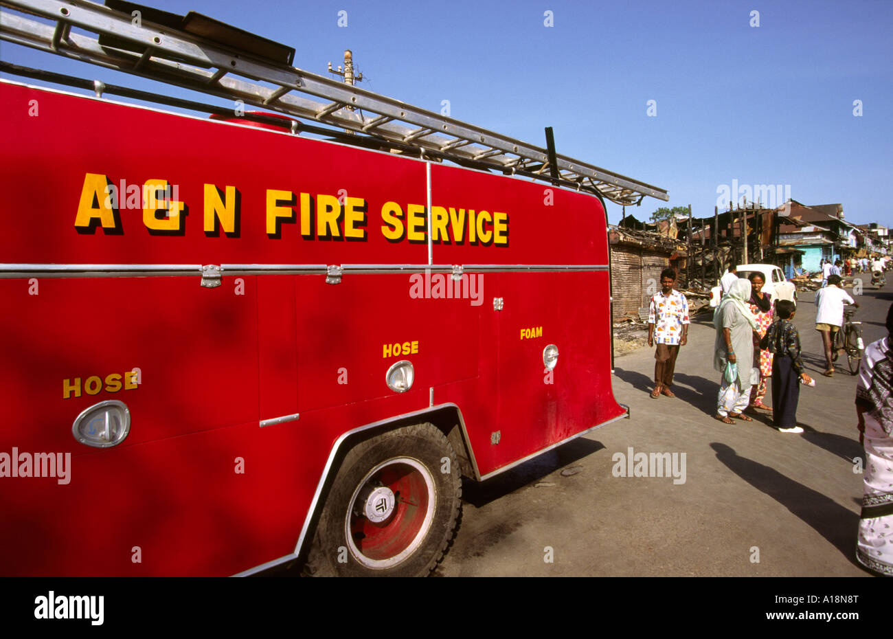 India South Andaman Island Port Blair Fire Engine in Aberdeen Bazaar after 1996 fire Stock Photo
