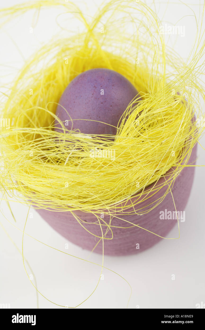 Purple Easter egg in yellow Easter Grass Stock Photo