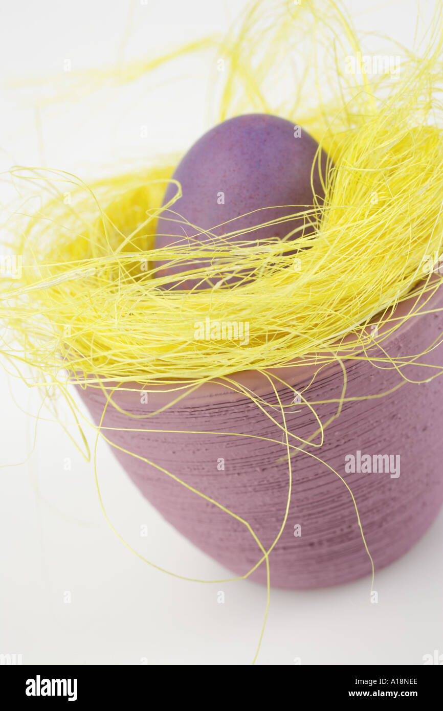 Purple Easter egg in yellow Easter Grass Stock Photo