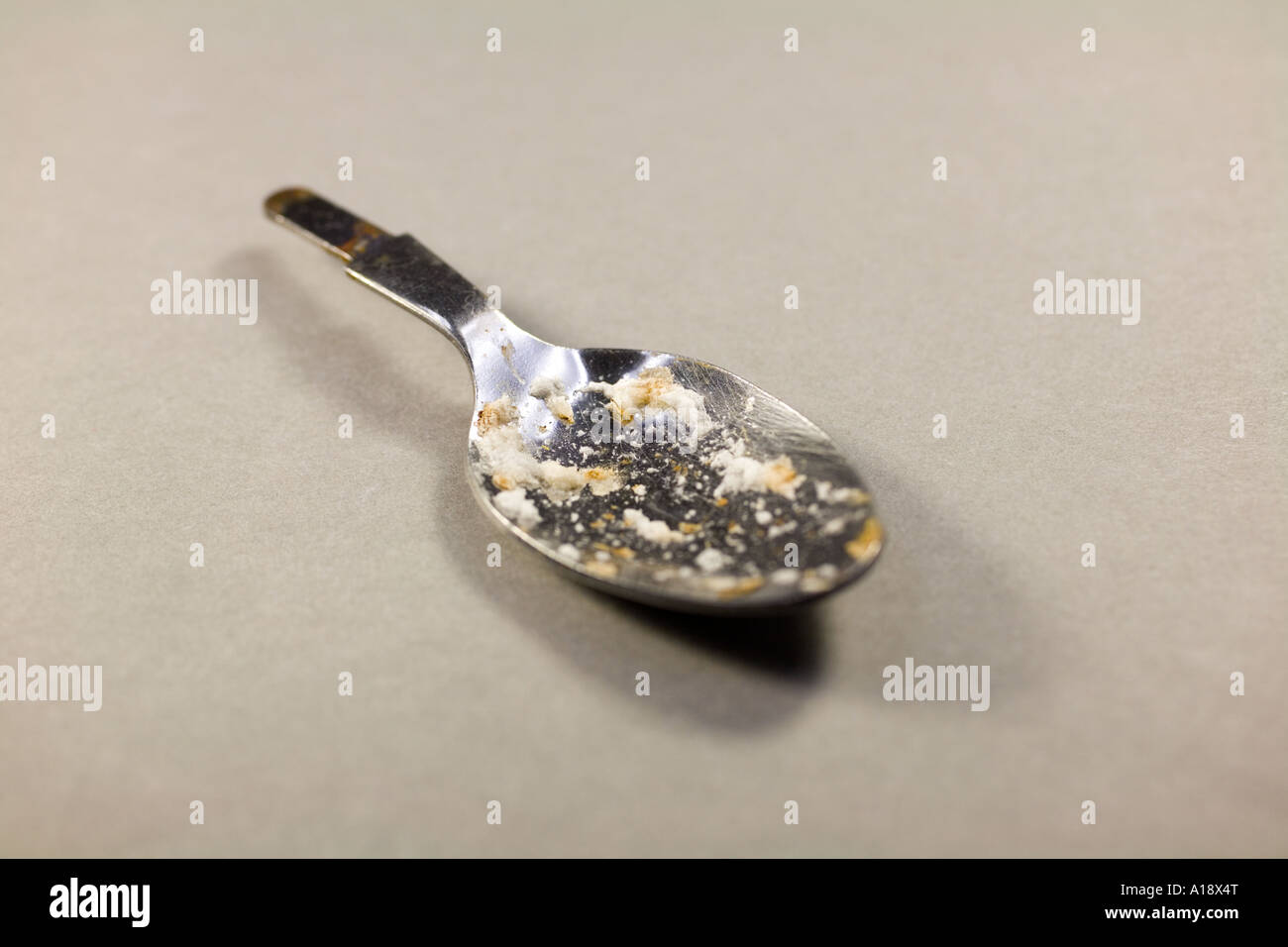 Spoon used for preparing meth for injection. Stock Photo