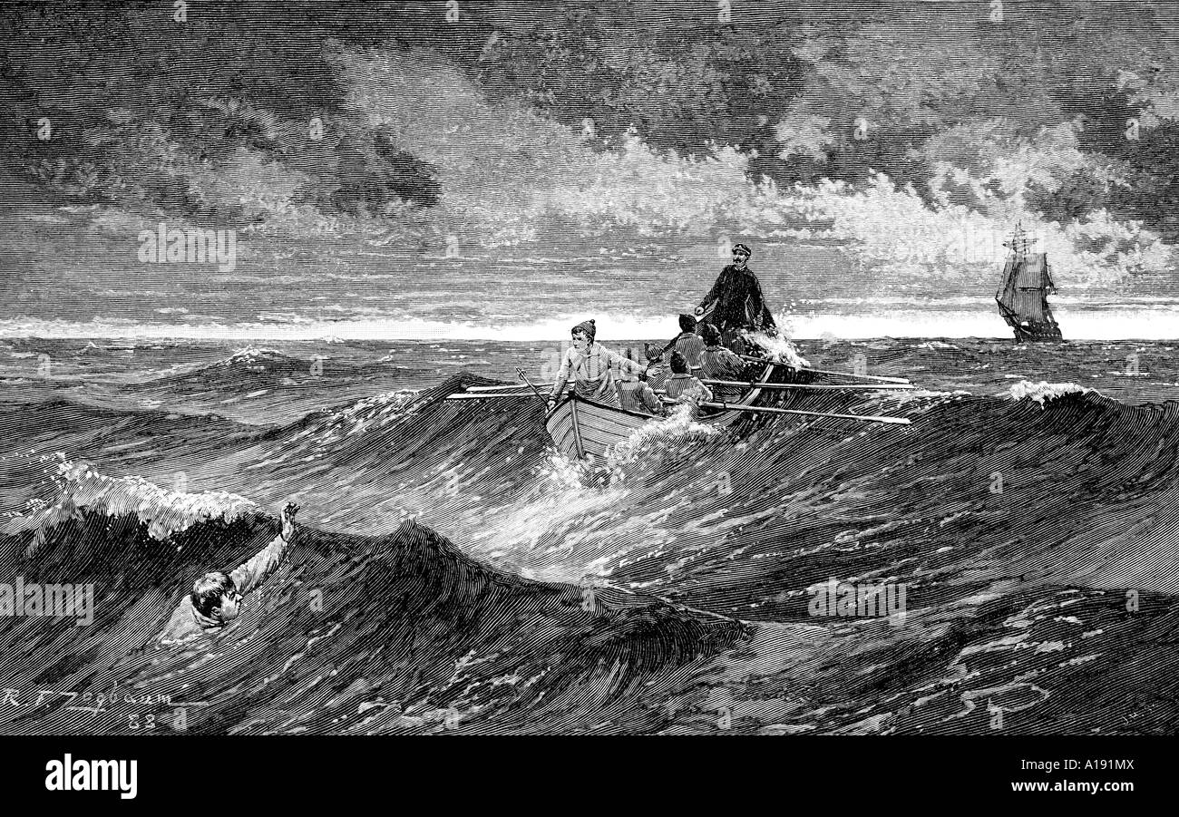 engraving of Man Overboard by Rufus Fairchild Zogbaum Stock Photo