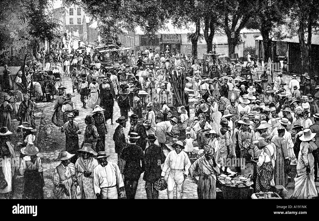 engraving of St Pierre Market Place 1888 Stock Photo Alamy