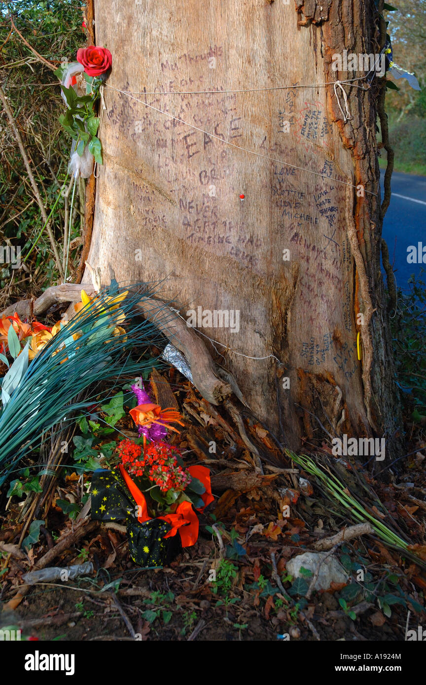 Decorated Tree at Car Crash Site, Marks Corner, Newport, Isle of Wight
