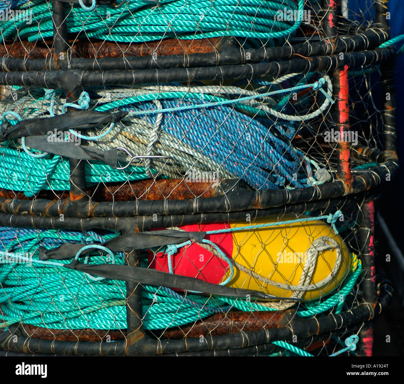 Crab pots are stacked awaiting use in the Pacific waters near Newport