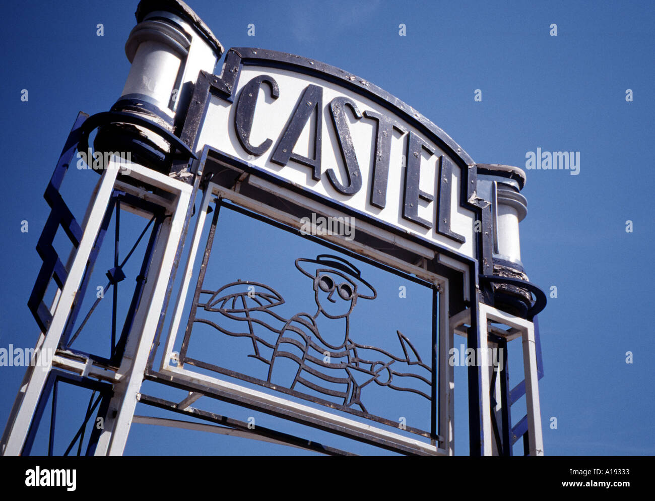 Iconic Art Deco entrance sign to the beach and restaurant owned by the Hotel Castel on the Mediterranean coast at Nice, southern France. Stock Photo