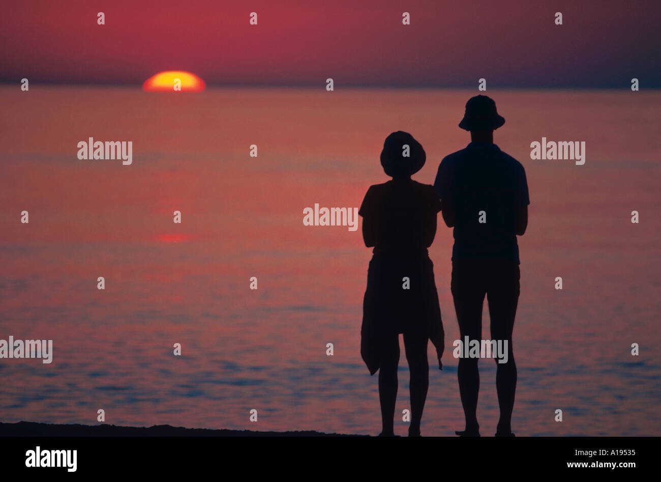 Silhouette of a couple standing side by side on the beach watching a ...