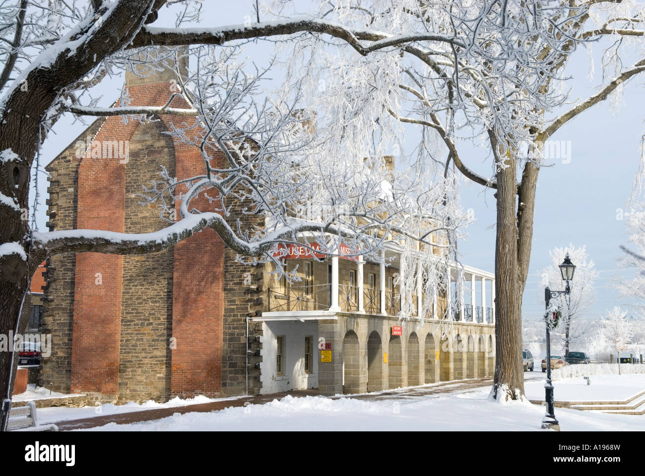 Stock image of Officers Square York Sunbury Museum encrusted in ice and snow Fredericton New Brunswick Stock Photo