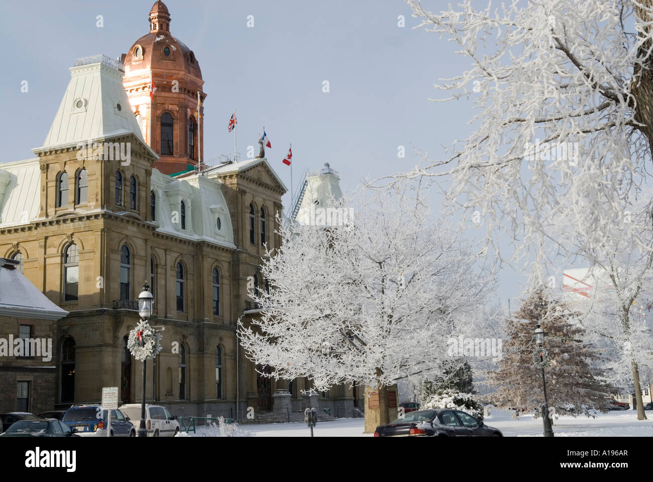 Stock image of the New Brunswick Legislature framed by frost covered trees after and ice storm Stock Photo