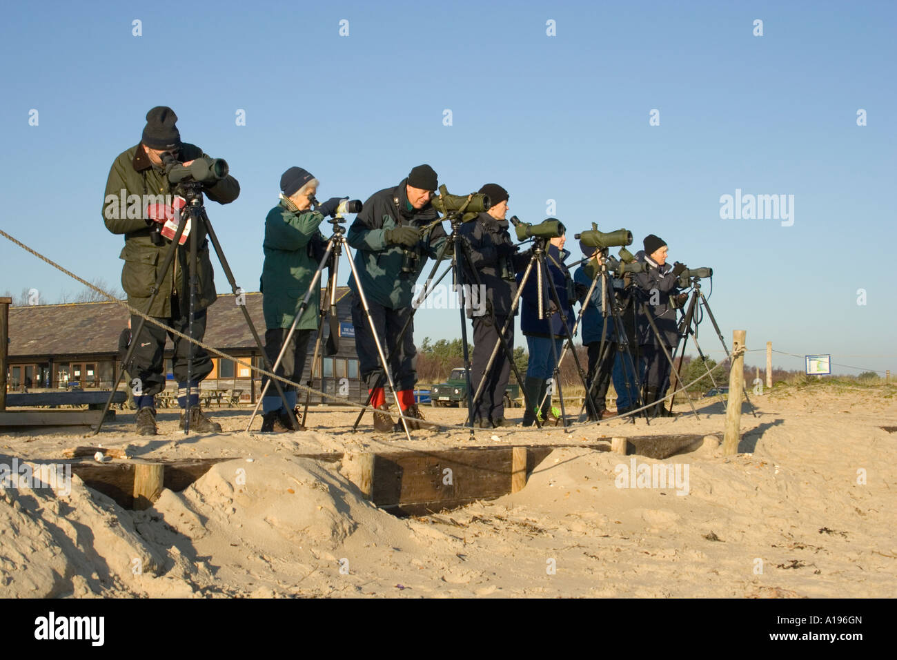 Birdwatchers at Studland Beach, Dorset,  UK Stock Photo