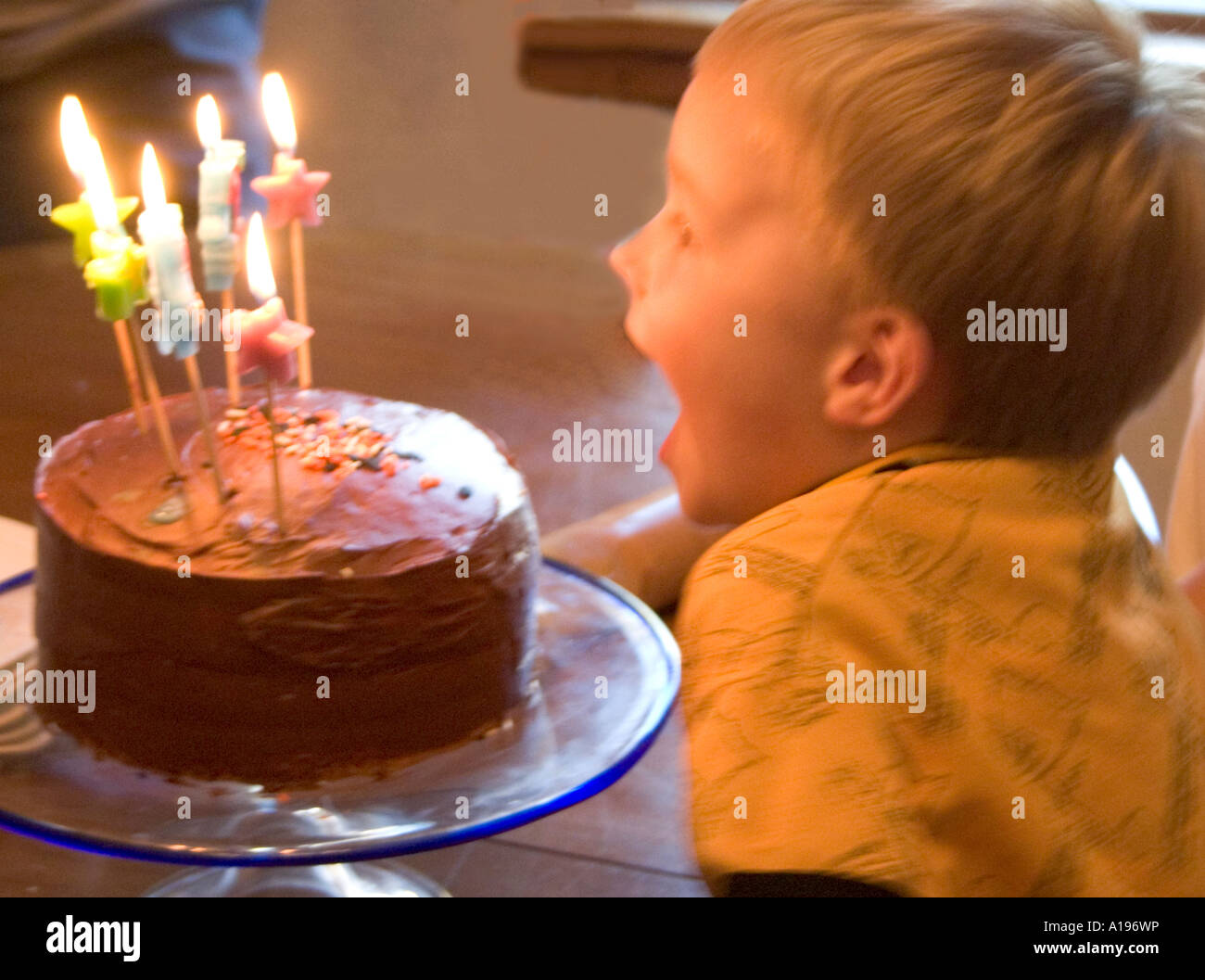 Five year old boy blowing out birthday candles. St Paul Minnesota MN USA Stock Photo Alamy