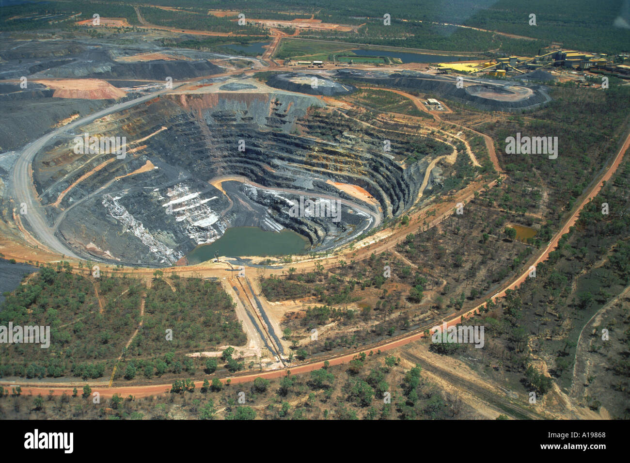 Aerial of Ranger Uranium mine in Kakadu National Park from which a share of the profits go to aboriginal landowners in the Stock Photo