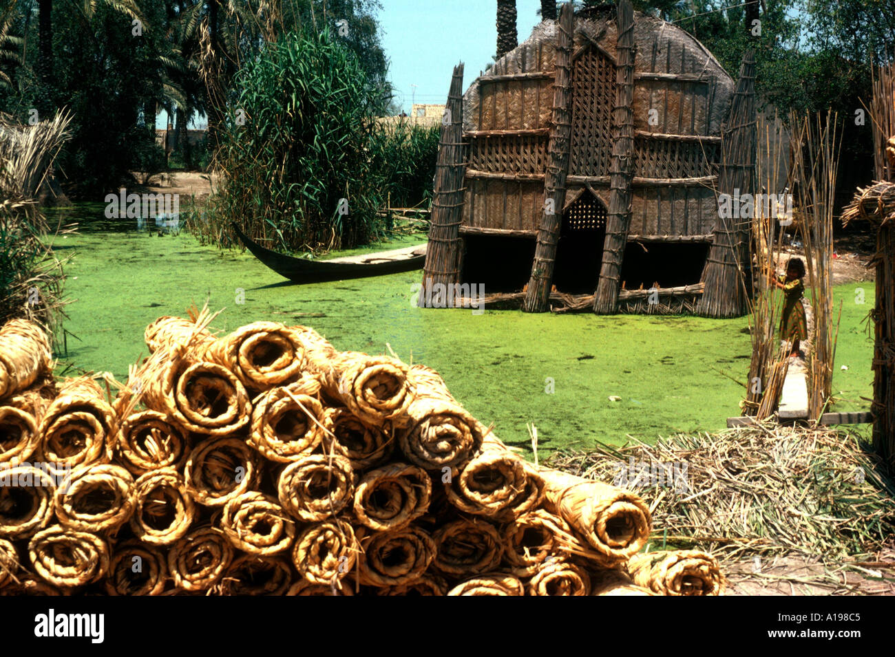 Mudhif house and reed mats ready for sale Chobaish Marshes Iraq Middle East V Theakston Stock Photo