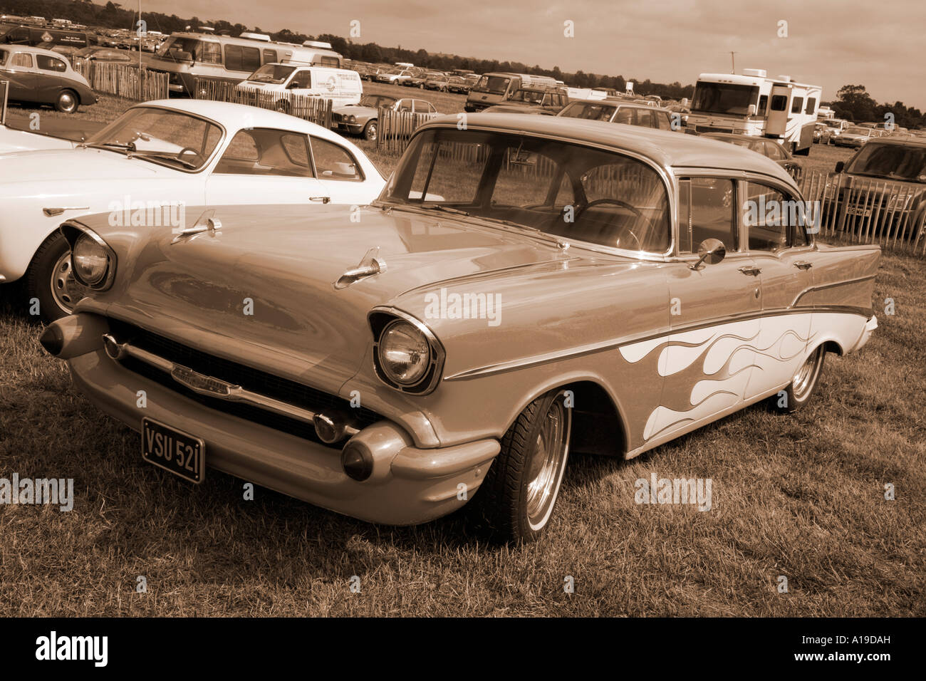 1957 Chevrolet Belair, 4 door saloon, monochrome. Goodwood Motor Circuit, Sussex, UK. Stock Photo