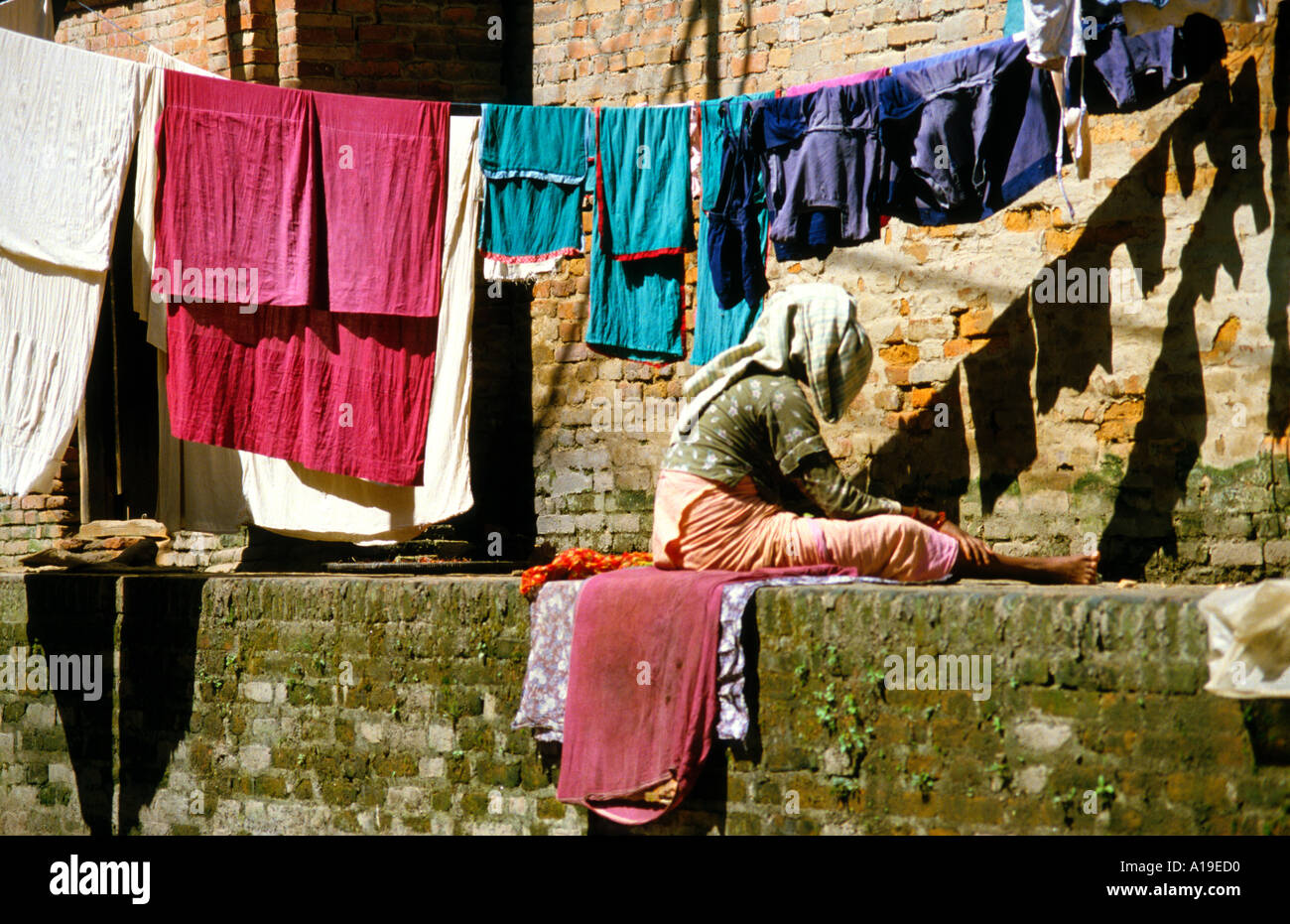 Drying Clothes- washday in Kathmandu Nepal Stock Photo