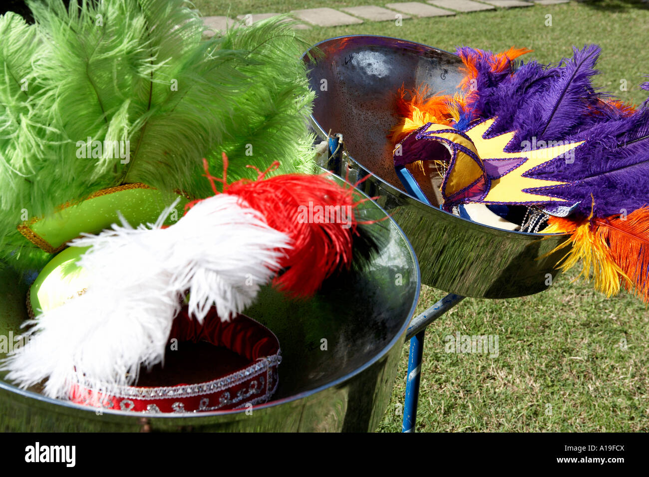 steel drums and colourful headwear nelsons dockyard Antigua caribbean west indies Stock Photo