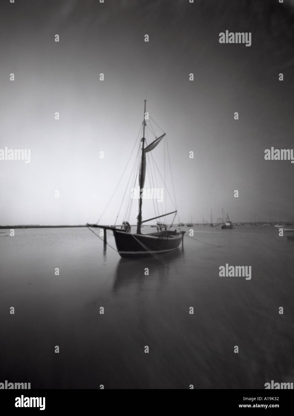 Sailing boat at mooring on the River Deben at Felixstowe Ferry, suffolk ...