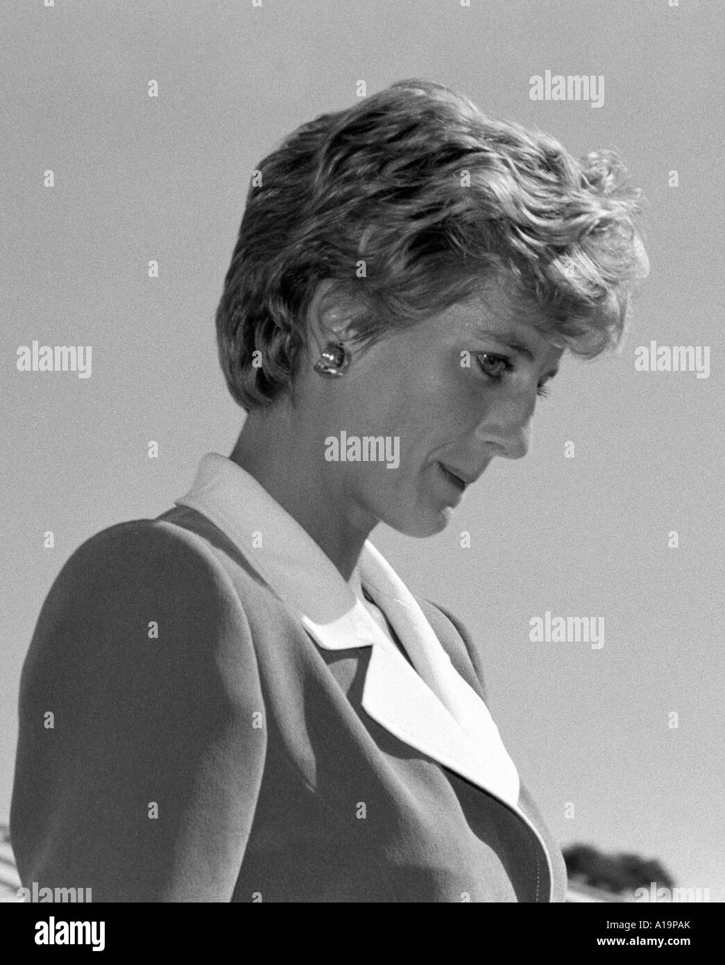 B/W portrait of Diana, Princess of Wales during her 1993 field trip to   Zimbabwe, Africa Stock Photo