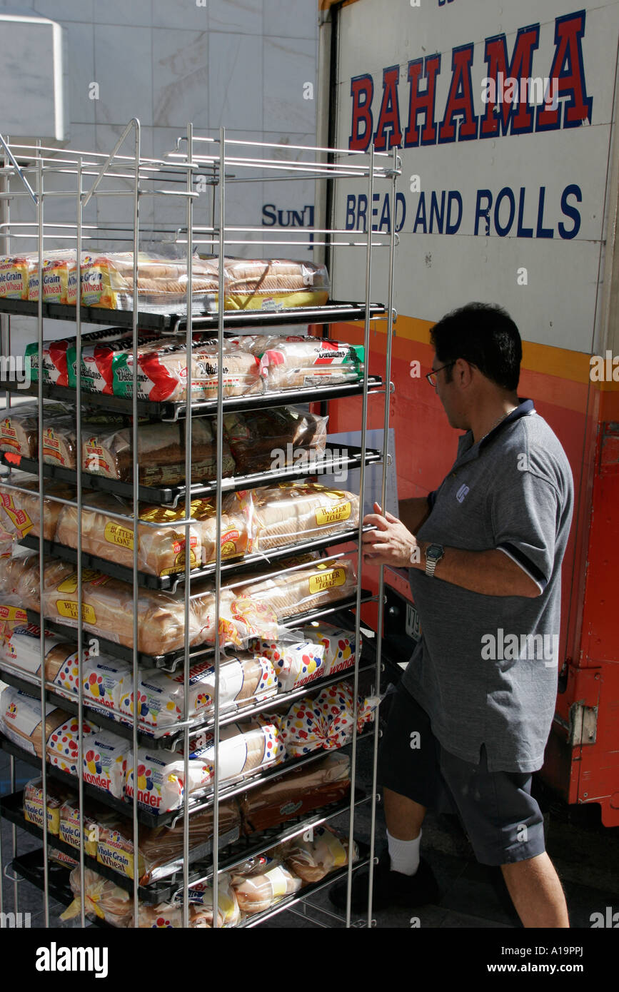 Miami Florida,Flagler Street,bread delivery,rolling rack,Hispanic Latin