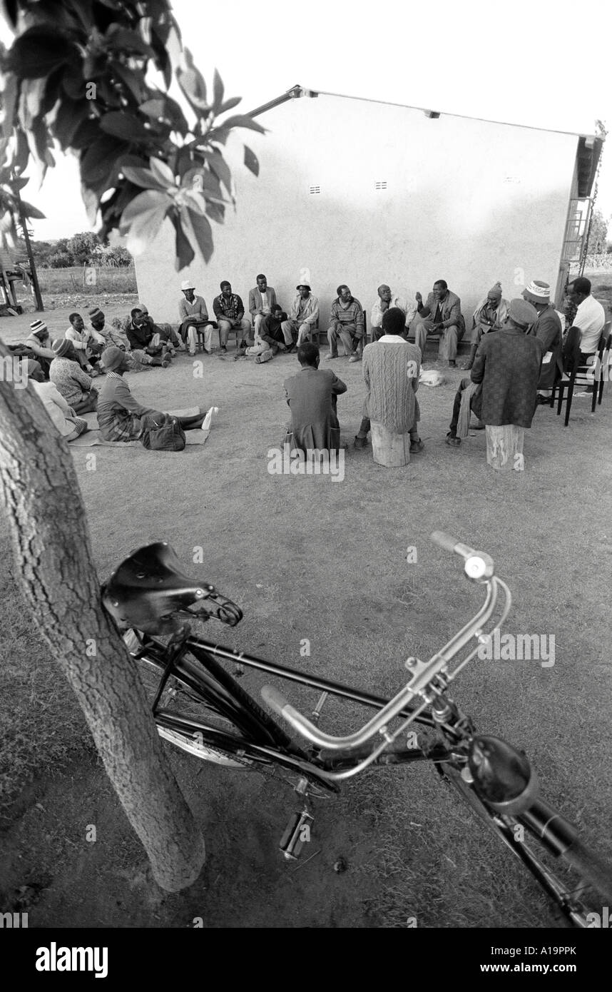 B/W of a community meeting of rural village elders. Nr. Gweru, .Zimbabwe Stock Photo