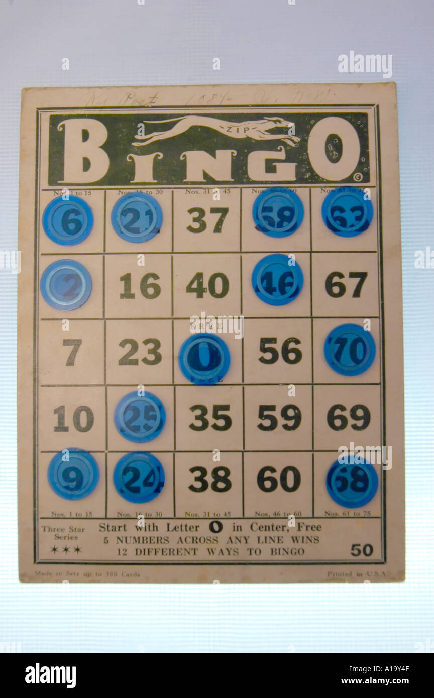 Old bingo card with a winning roll of tokens Stock Photo Alamy