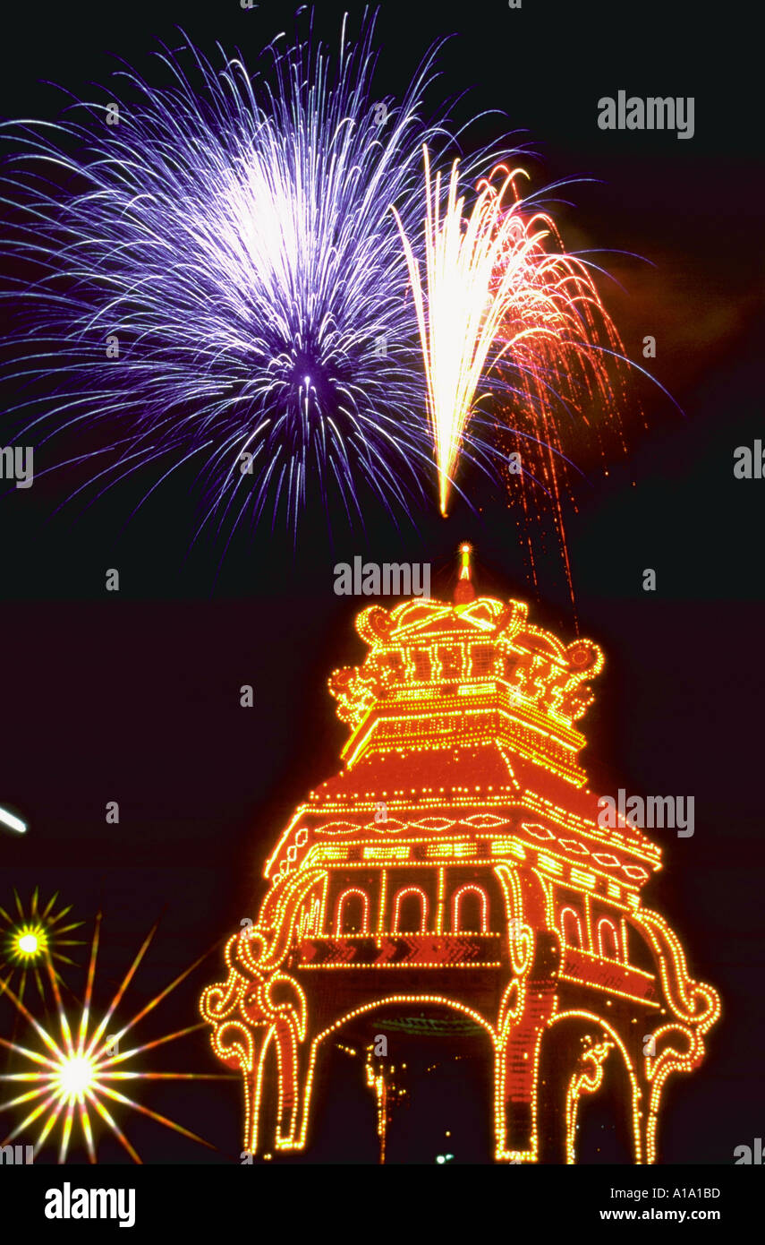 Neon lights and fireworks at Pooram Festival at Trichur Kerala India