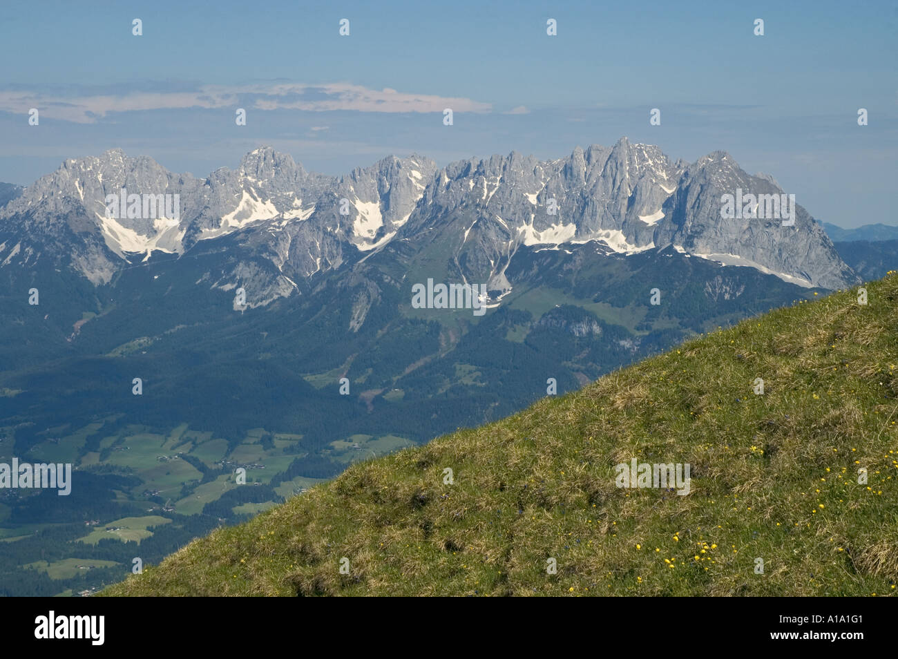 Austria Tirol Kitzbuhel Kitzbuheler Horn summer view from summit toward Kaisergebirge Massif Stock Photo