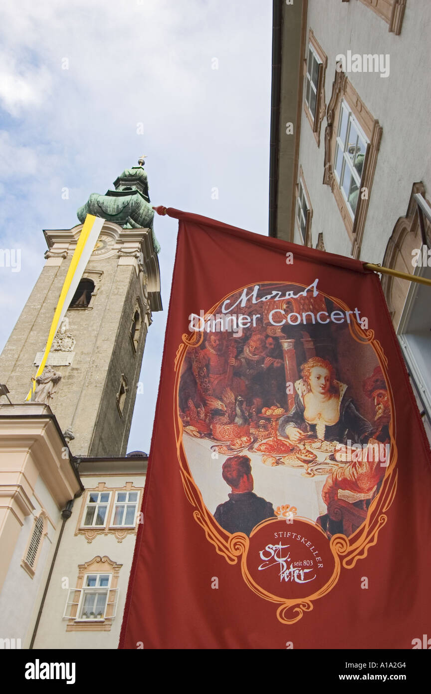 Austria Salzburg Stiftskirche Saint Peter Siftkeller Mozart Dinner Concert sign Stock Photo