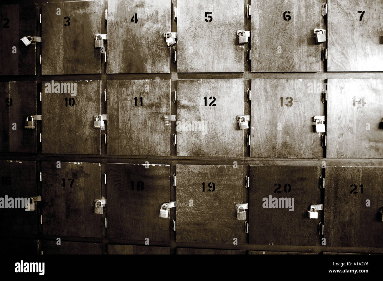 A black and white photo of lockers at a bowling alley. Stock Photo