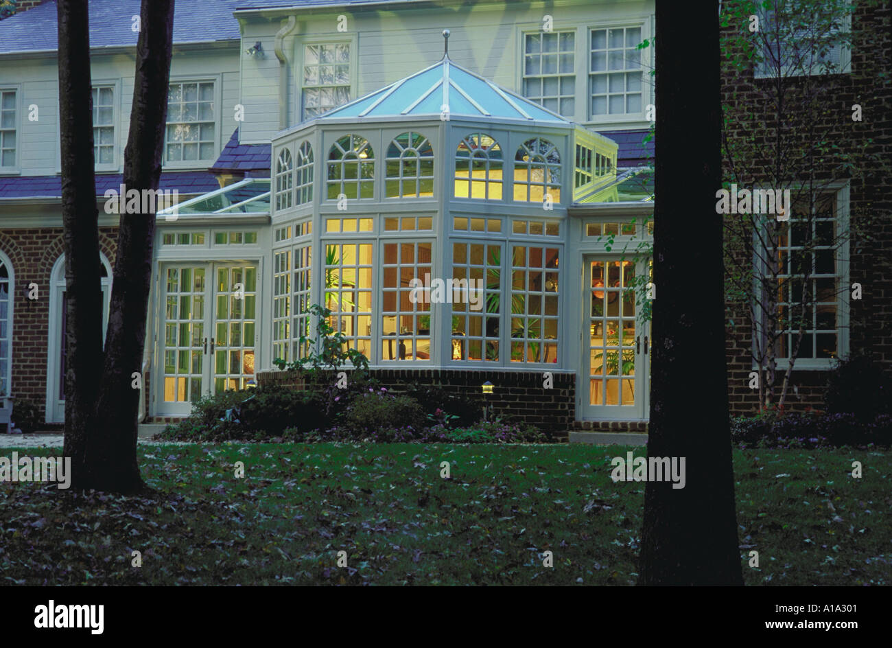 Exterior view of the colonial bay window of a residential home Stock