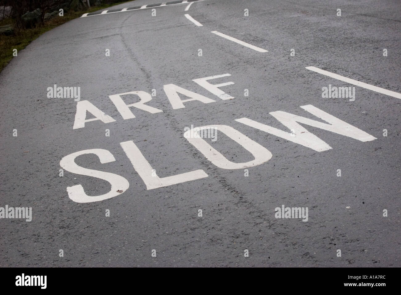 Bilingual Sign Road Traffic Sign In Welsh And English Araf Slow On Road In North Wales Stock Photo Alamy
