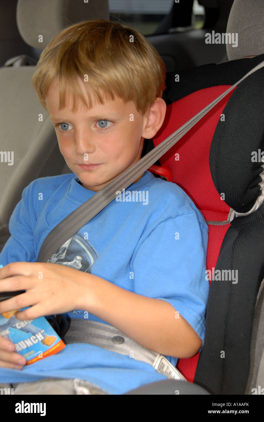 Boy young 6 years freckles strapped in red car seat Stock Photo Alamy