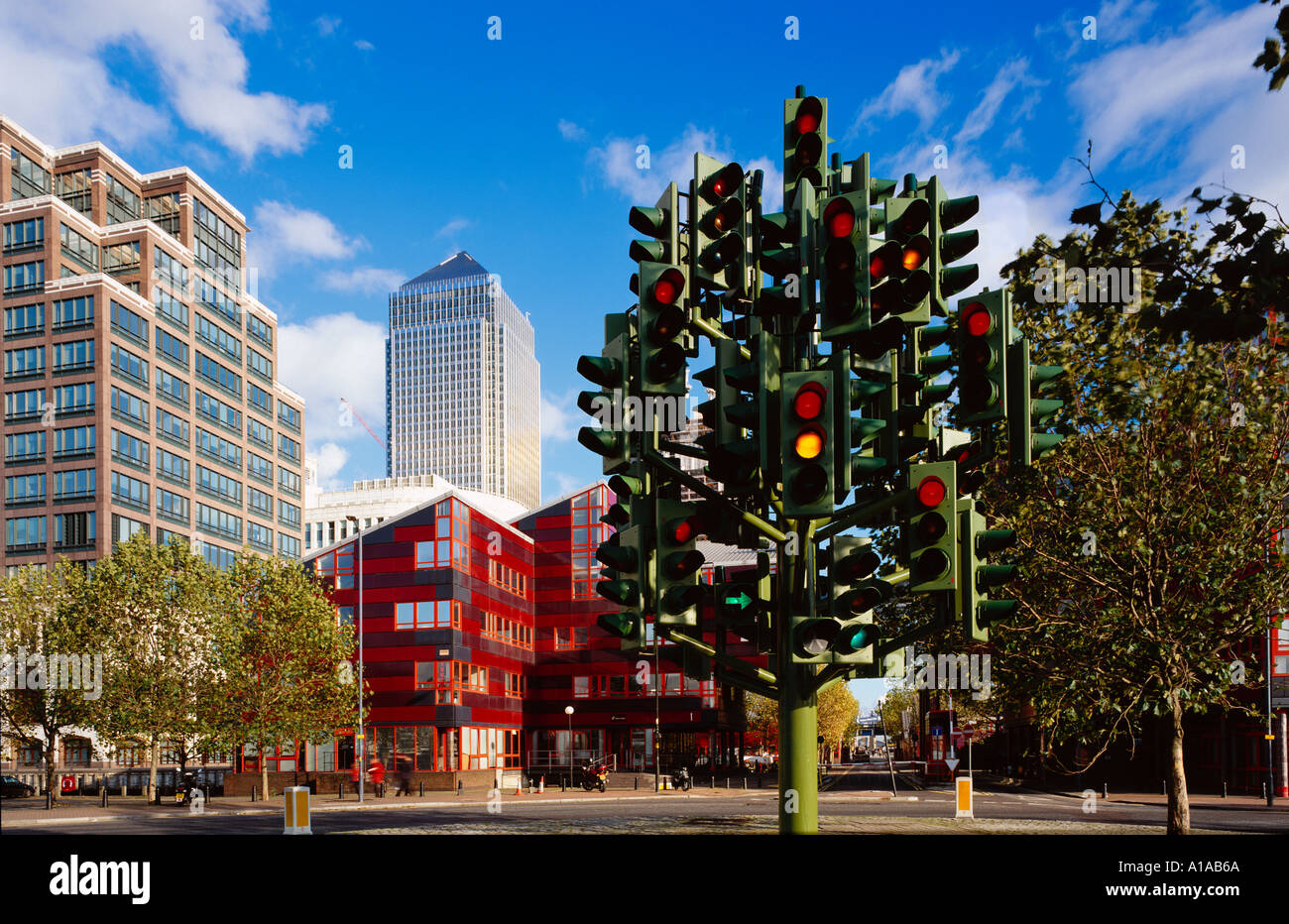 London Docklands Traffic Light Tree Stock Photo Alamy