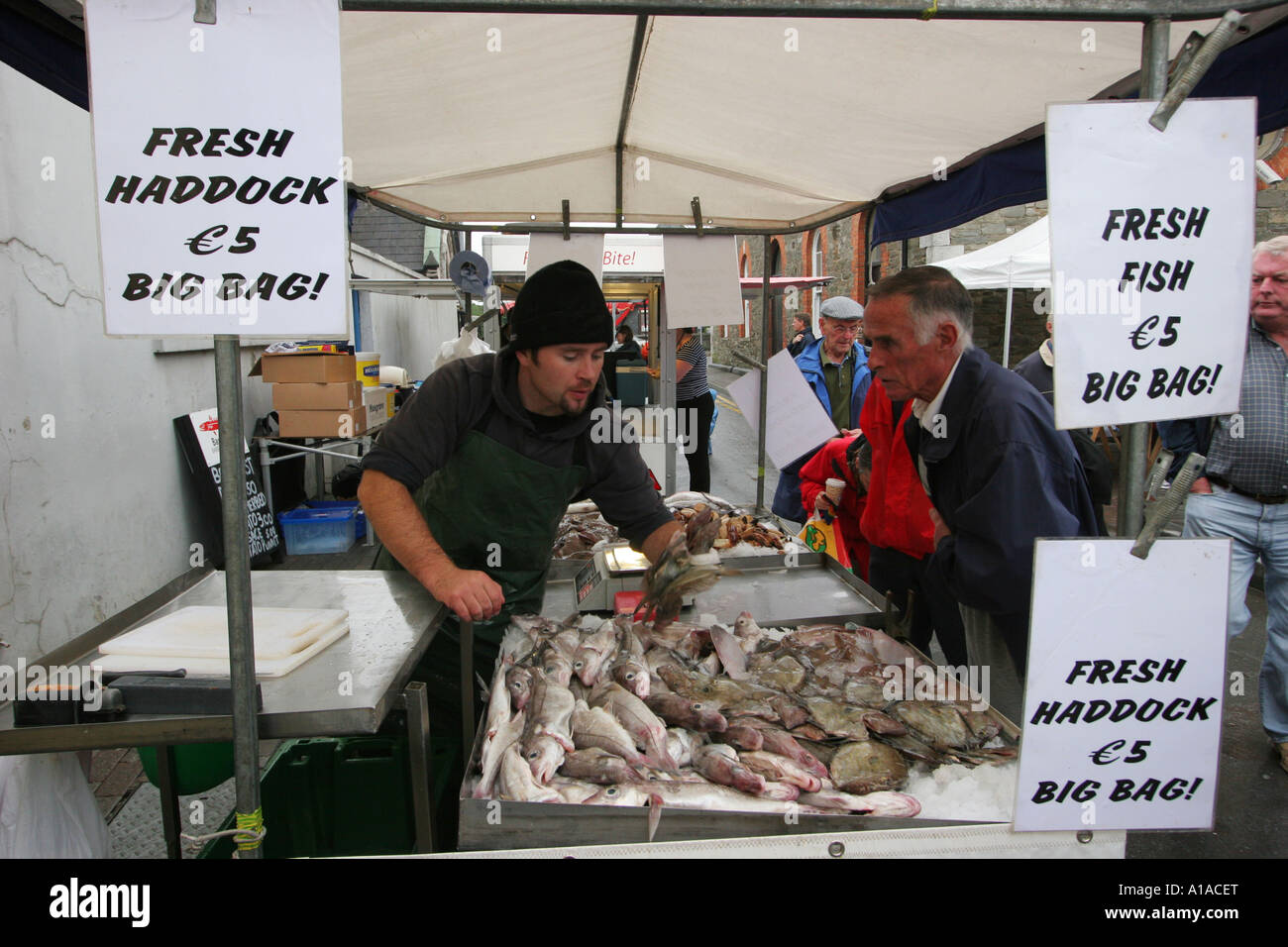 Selling fish on the market in Kinsale , Cork , Munster , Ireland , Europe Stock Photo