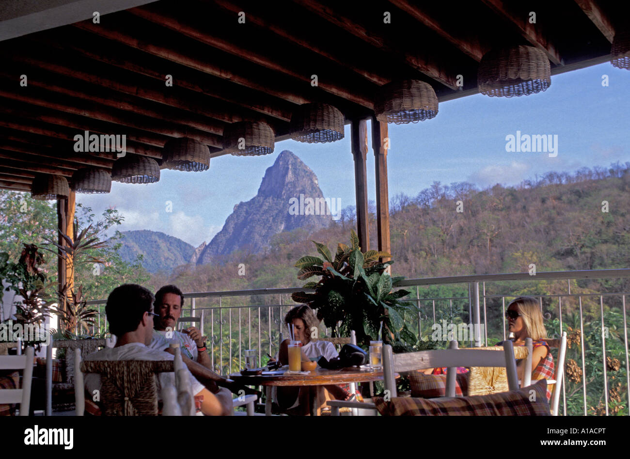 St Lucia  Anse Chastanet resort restaurant view of petit piton Stock Photo