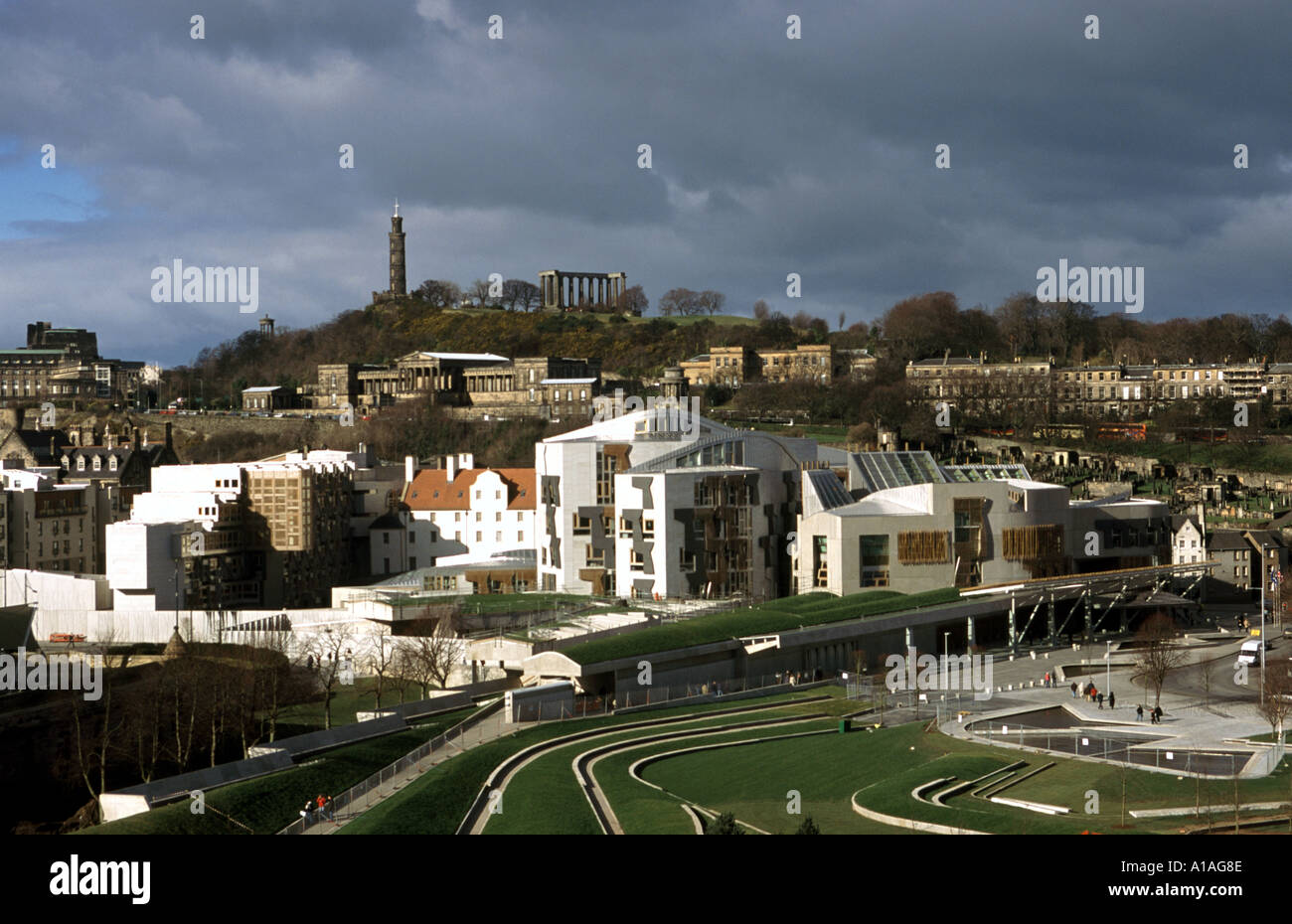 The Scottish Parliament and Calton Hill in Edinburgh Scotland from Salisbury Craigs Stock Photo