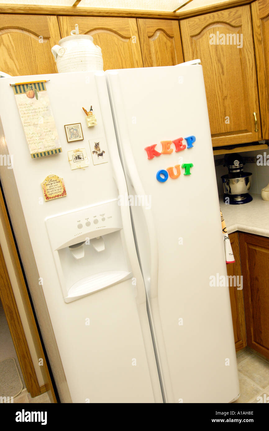 Refridgerator with letters spelling Keep Out Stock Photo Alamy