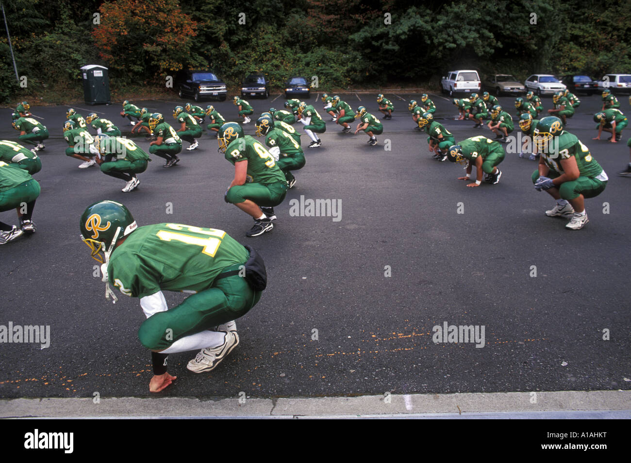 USA, Washington, Seattle, Roosevelt High School football team warms up