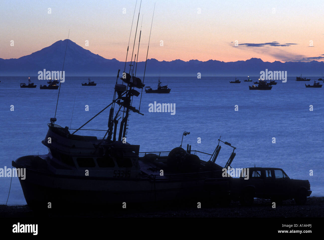 USA Alaska Ninilchik Fishing boat lies grounded on Ninilchik Beach