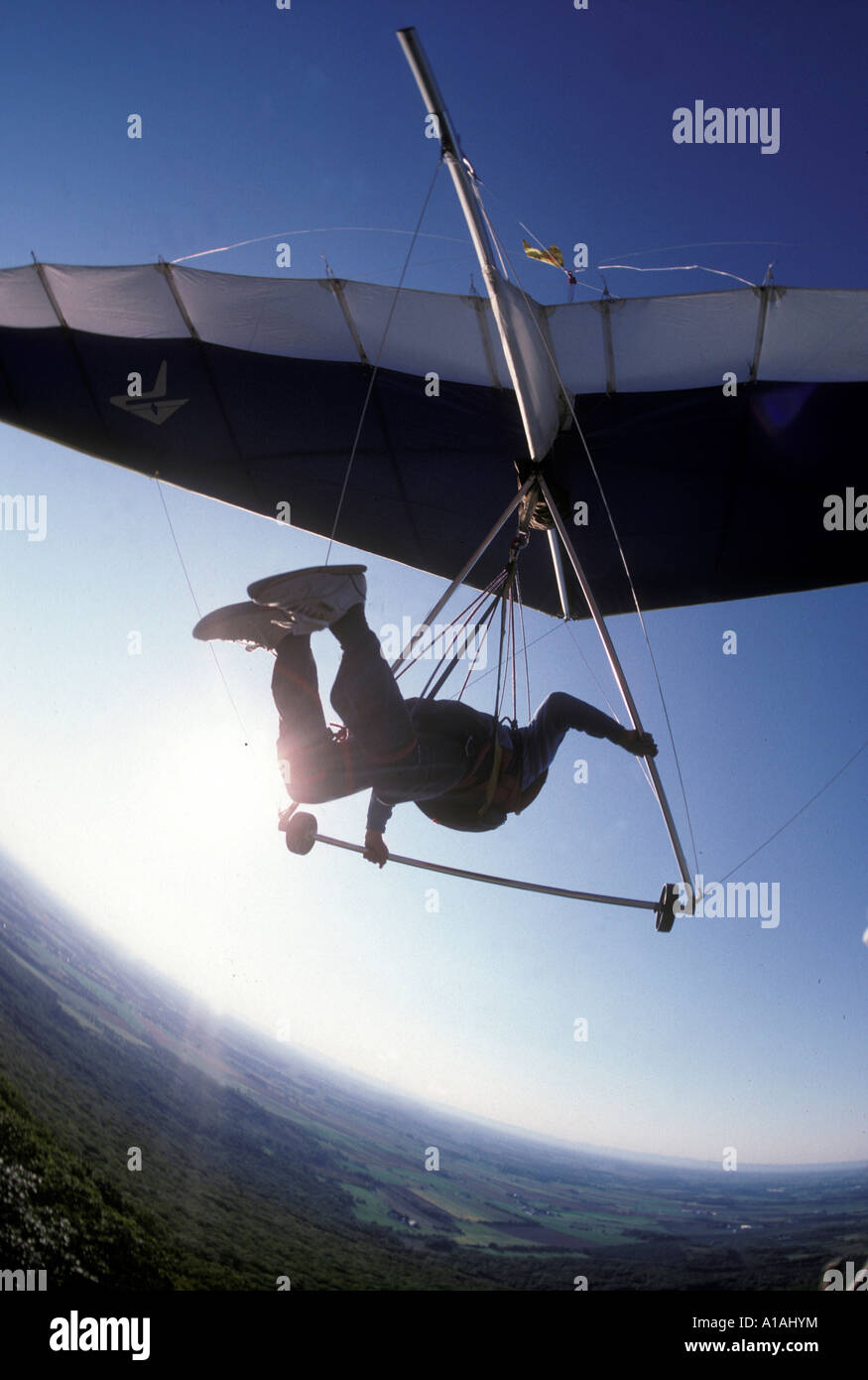USA Maryland Thurmont Hang glider pilots launches from platform over Appalachian mountains Stock Photo