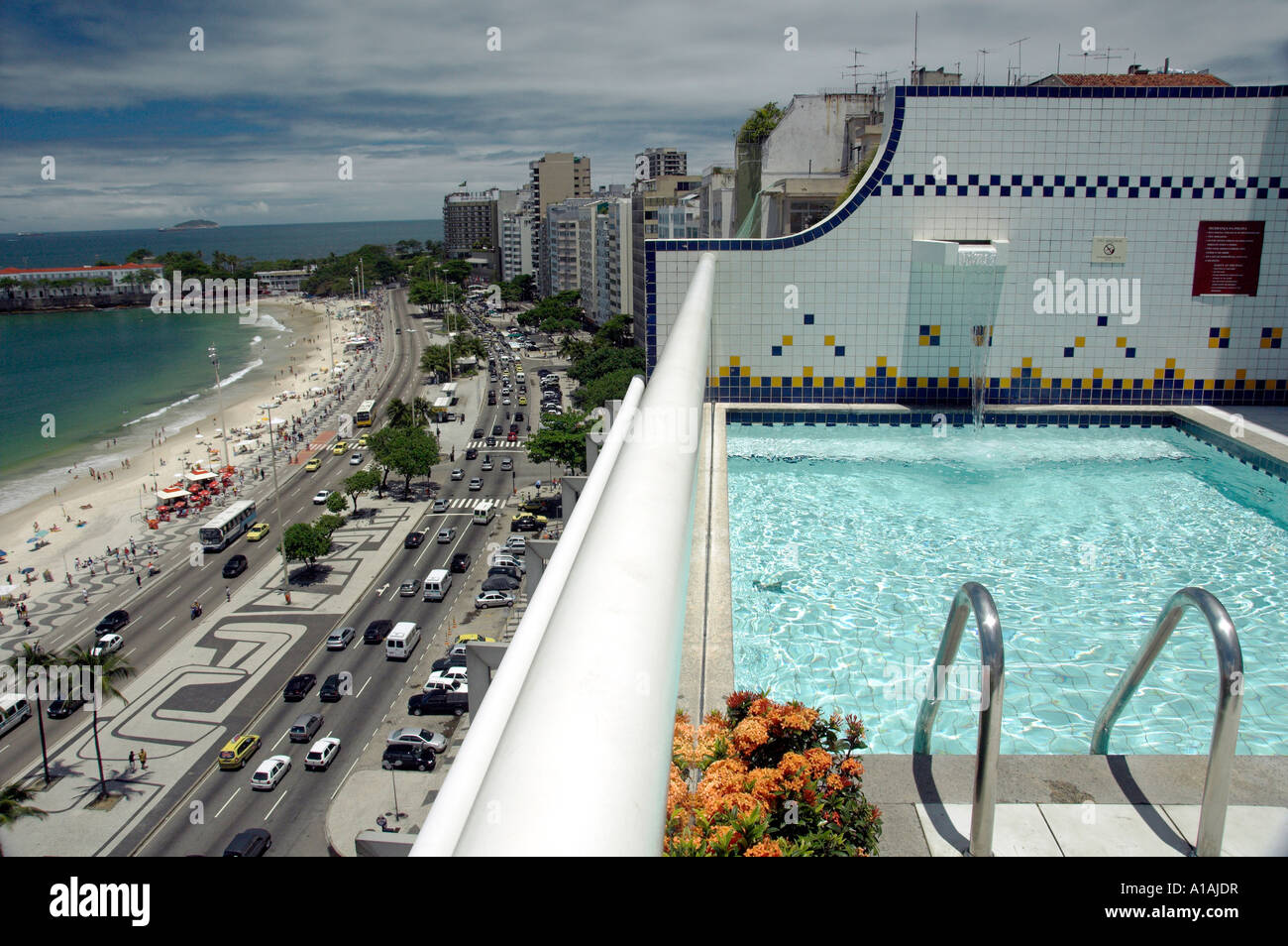 Views down Atlantica Ave and Copacabana Beach with the swimming pool of the Luxor Regente Hotel in Rio De Janeiro Brazil Stock Photo