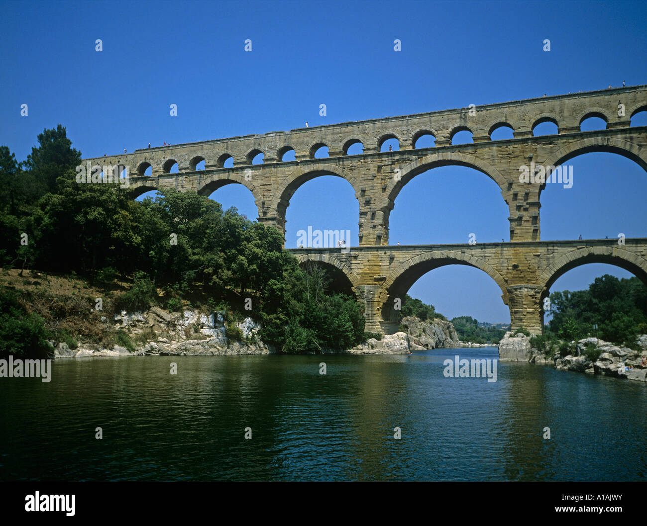 Pont du Gard Roman Aquaduct built over the River Gardon in 19 BC by Agrippa to supply water to Nimes Stock Photo