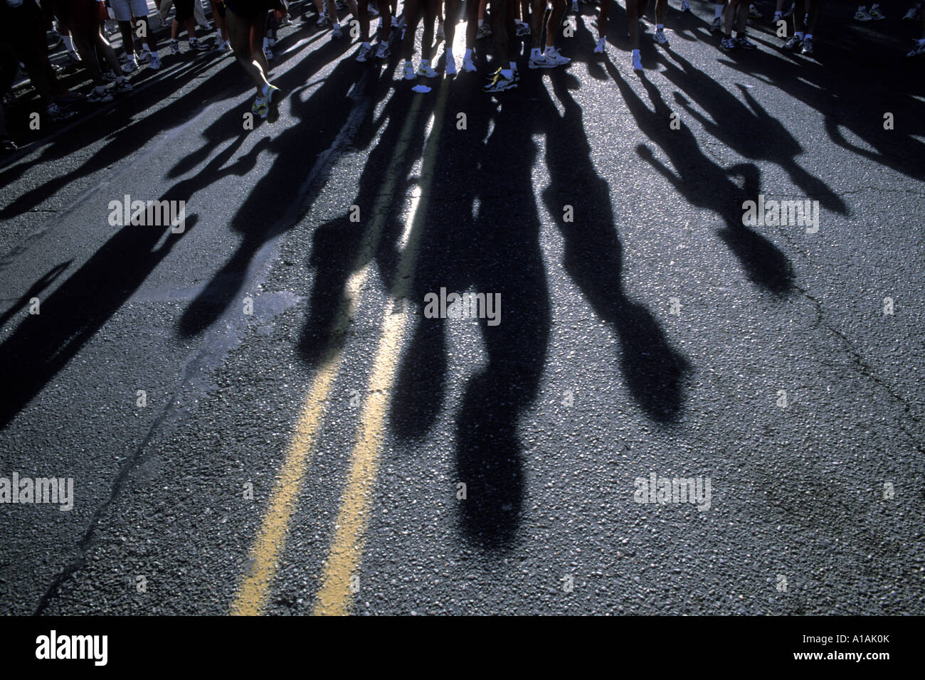 USA Washington Seattle Shadows of runners warming up before 5K road ...