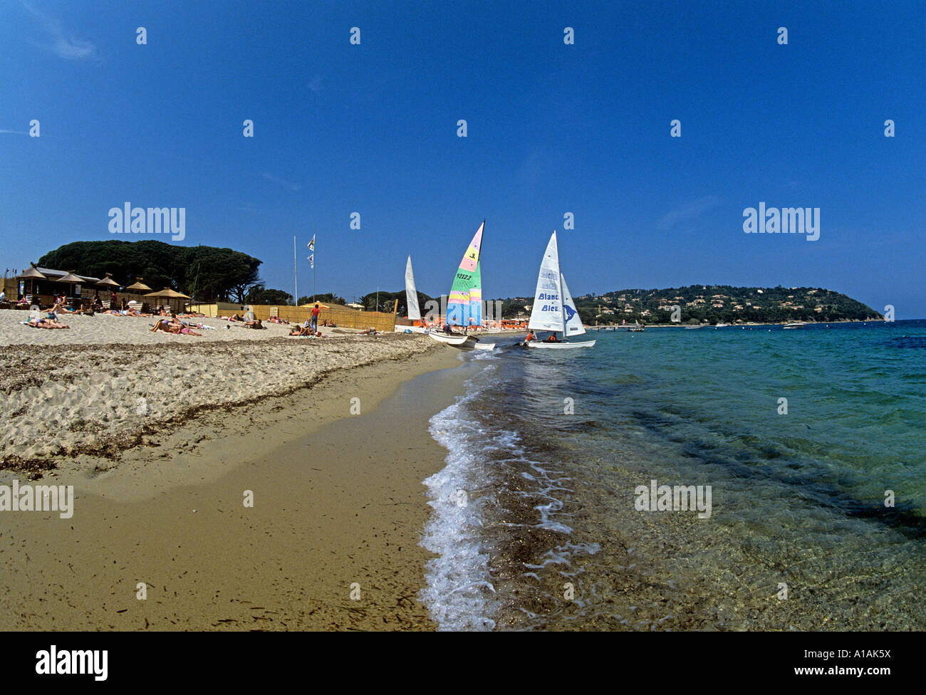 The famous white sands of the Plage de Tahiti near St Tropez visited by stars starlets  and tourists Stock Photo