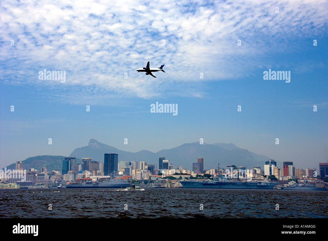 A commercial passenger plane landing at Rio De Janeiro, Brazil Stock Photo