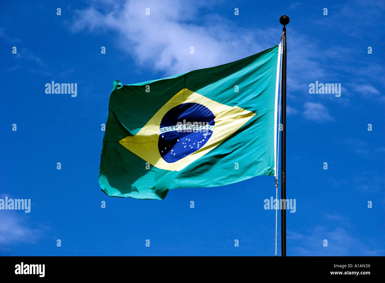 The Brazilian national flag in Rio De Janeiro. Stock Photo
