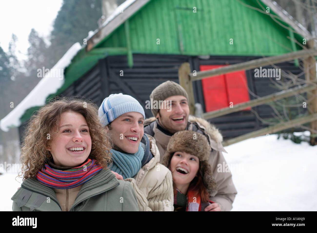 Friends outside in the snow Stock Photo