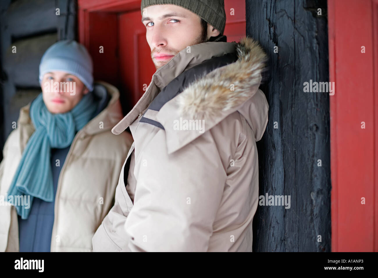 Two young men in winter clothes Stock Photo
