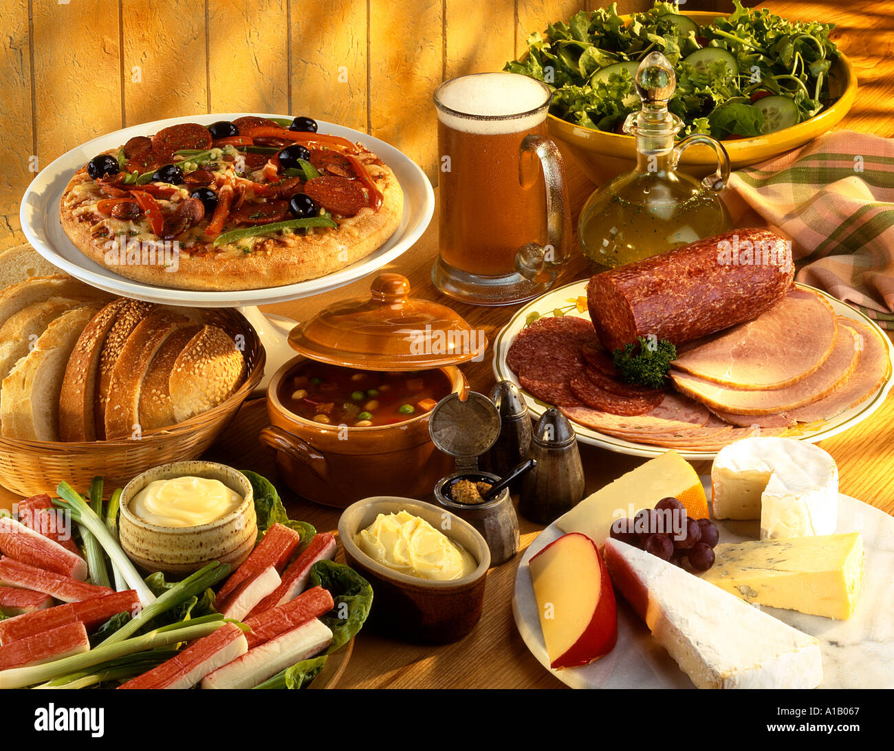 VARIOUS FOODS ON TABLETOP BUFFET Stock Photo