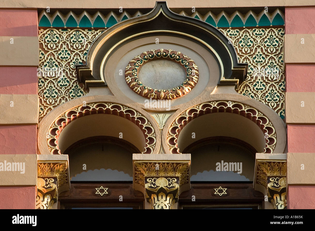 Exterior Moorish ornamental features of the Jubilee Synagogue in Nove Mesto district Prague Czech republic Stock Photo