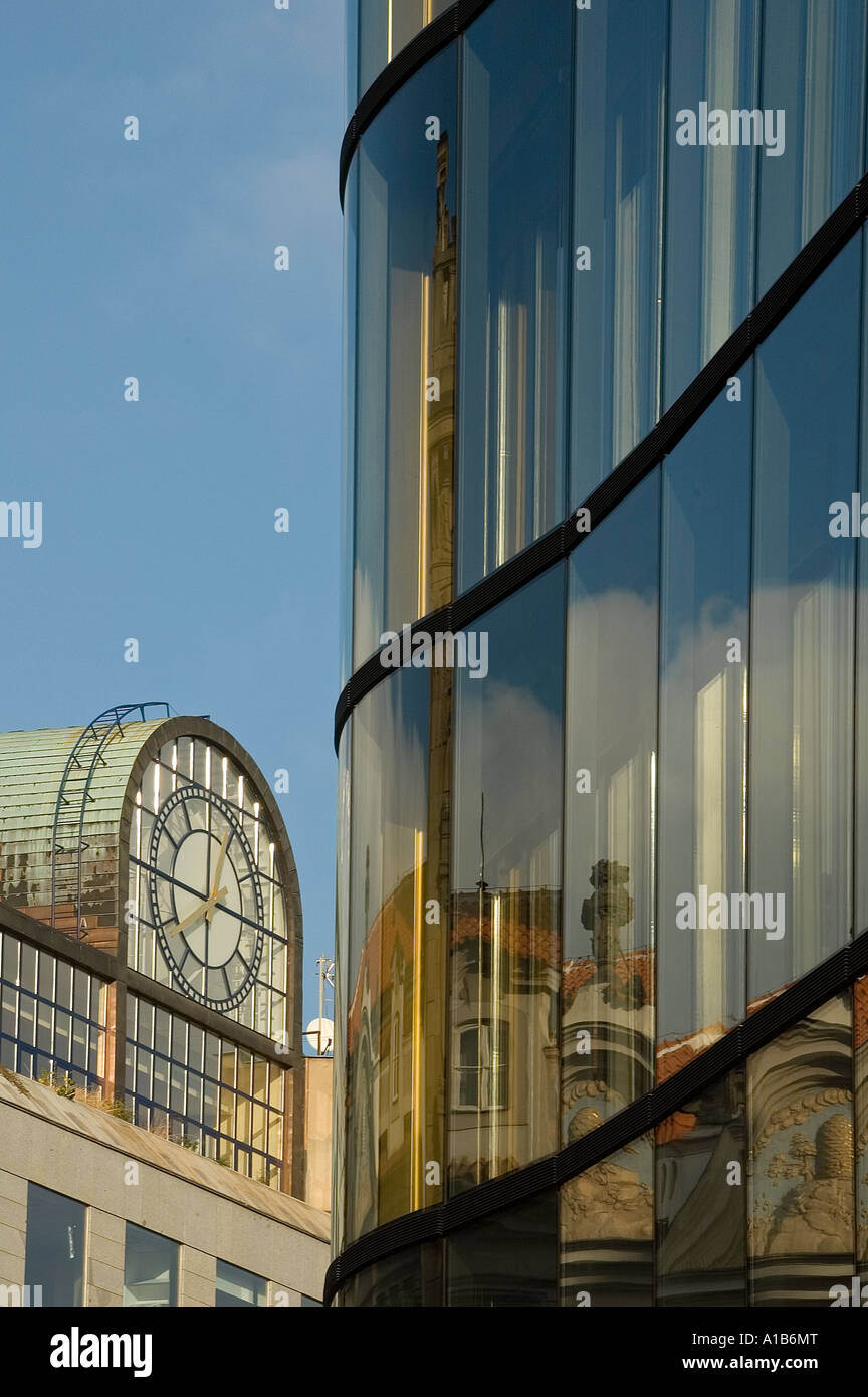 Reflection of old houses on modern glassed building in Nove Mesto district Prague Czech republic Stock Photo